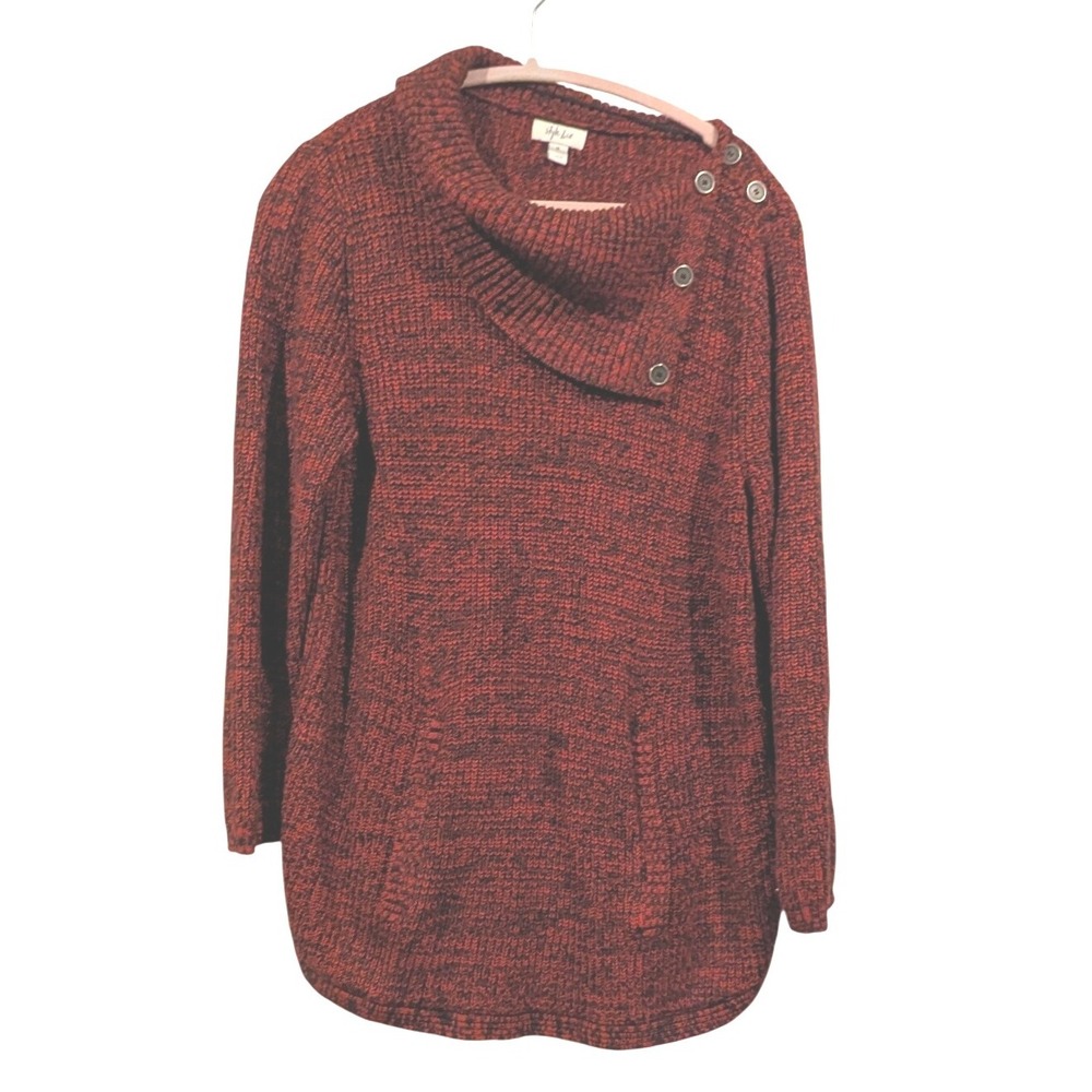 Style & Co Womens Pullover Sweater 1X Red Black Button Cowl Neck‎ Long Sleeve